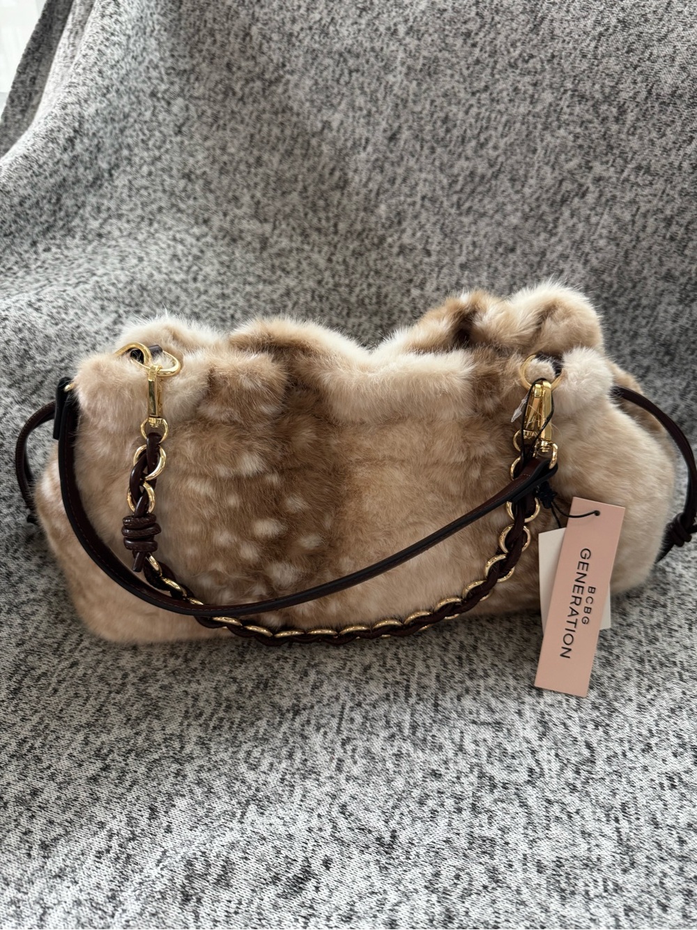 BCBG Faux Fur Shoulder Bag - Beige